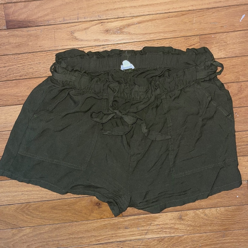 Garage Army Green Dress Flowy Shorts with wrap around tie & pockets